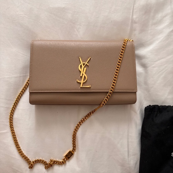 SAINT LAURENT Grain De Poudre Medium Monogram Kate Satchel Dark Beige - Picture 1 of 5